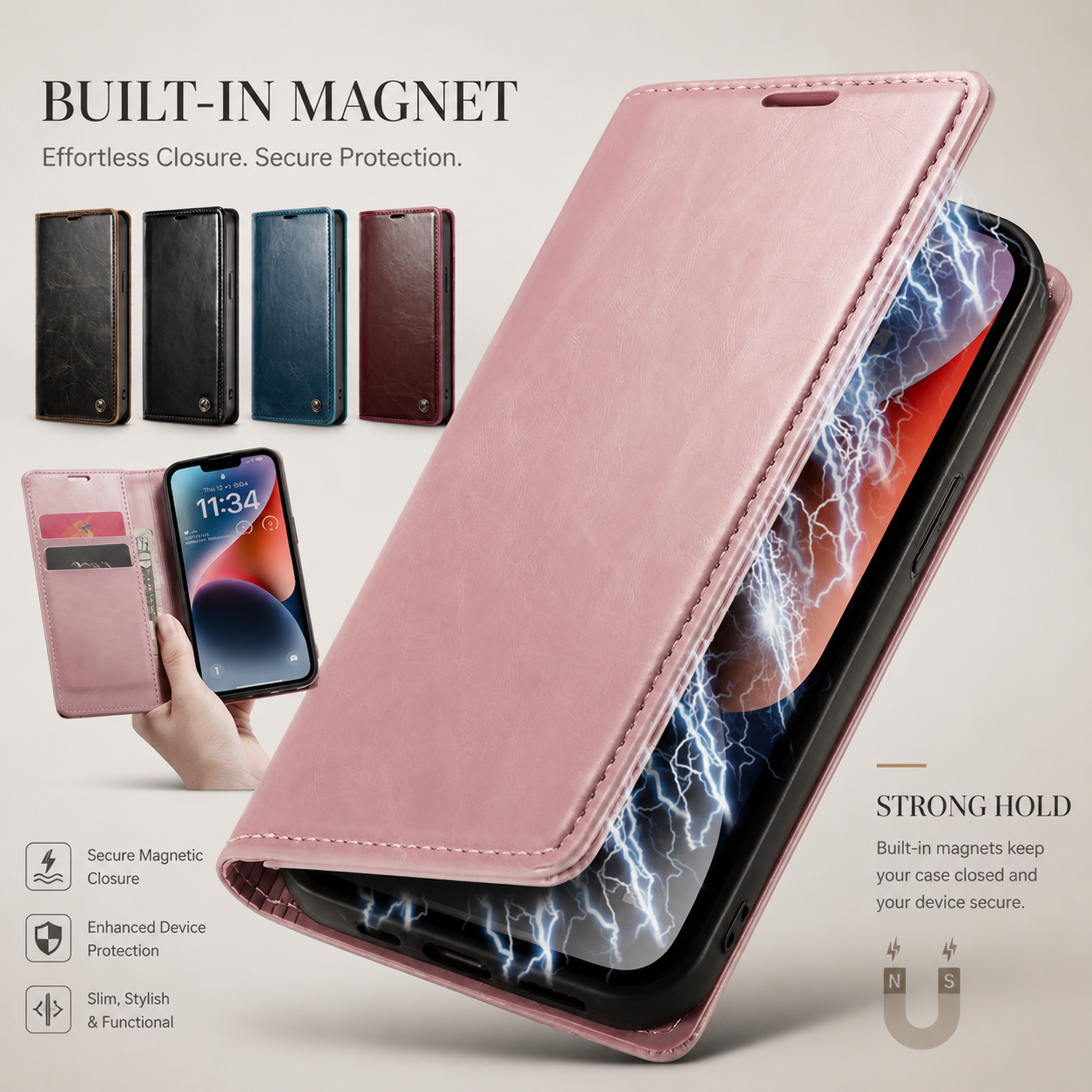Premium iPhone Case MagSafe Compatible Detachable Leather Wallet Cover Flip Stand Card Holder Magnetic Shockproof Camera Lens Protection Slim Design