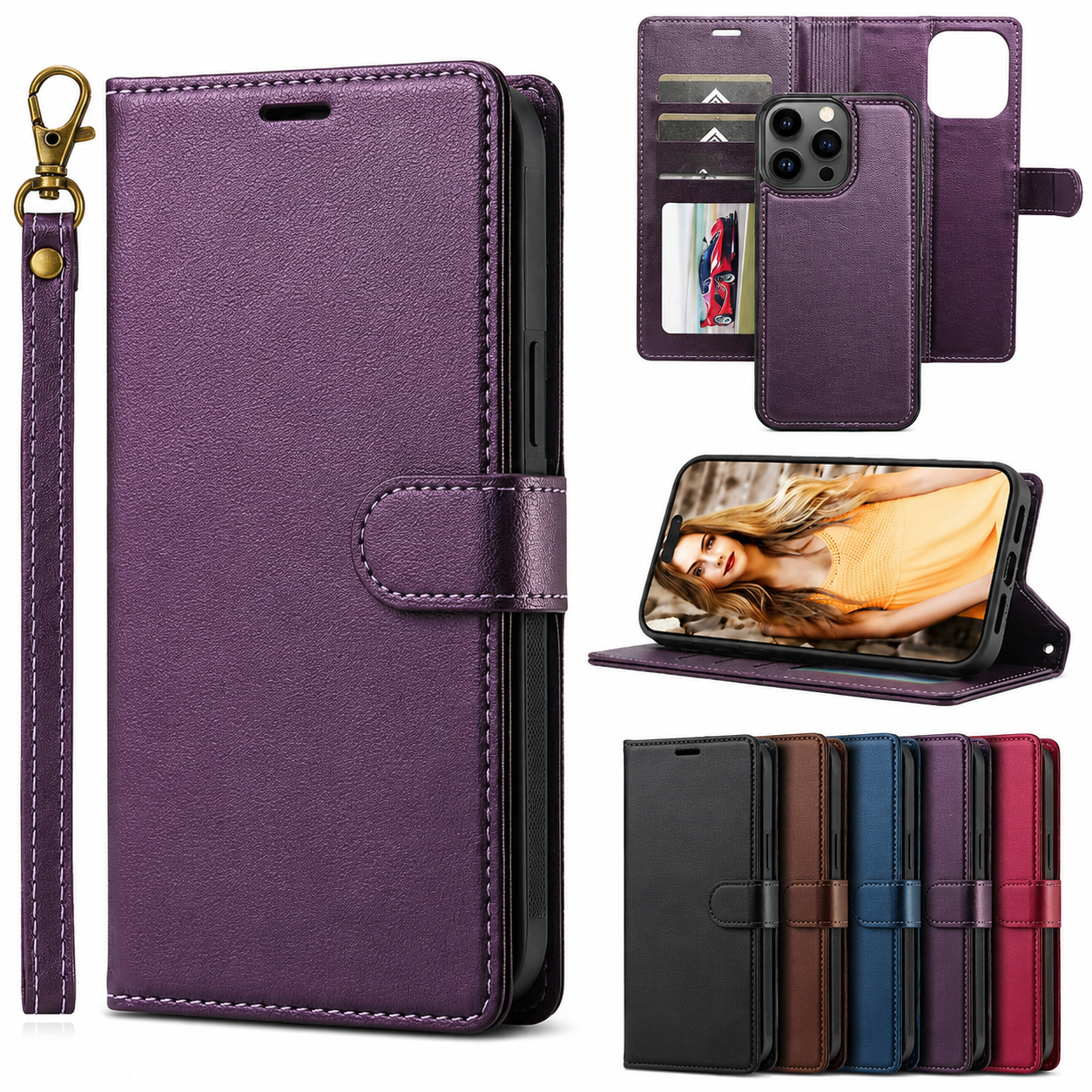 Premium iPhone Case MagSafe Compatible Detachable Leather Wallet Cover Flip Stand Card Holder Magnetic Shockproof Camera Lens Protection Slim Design