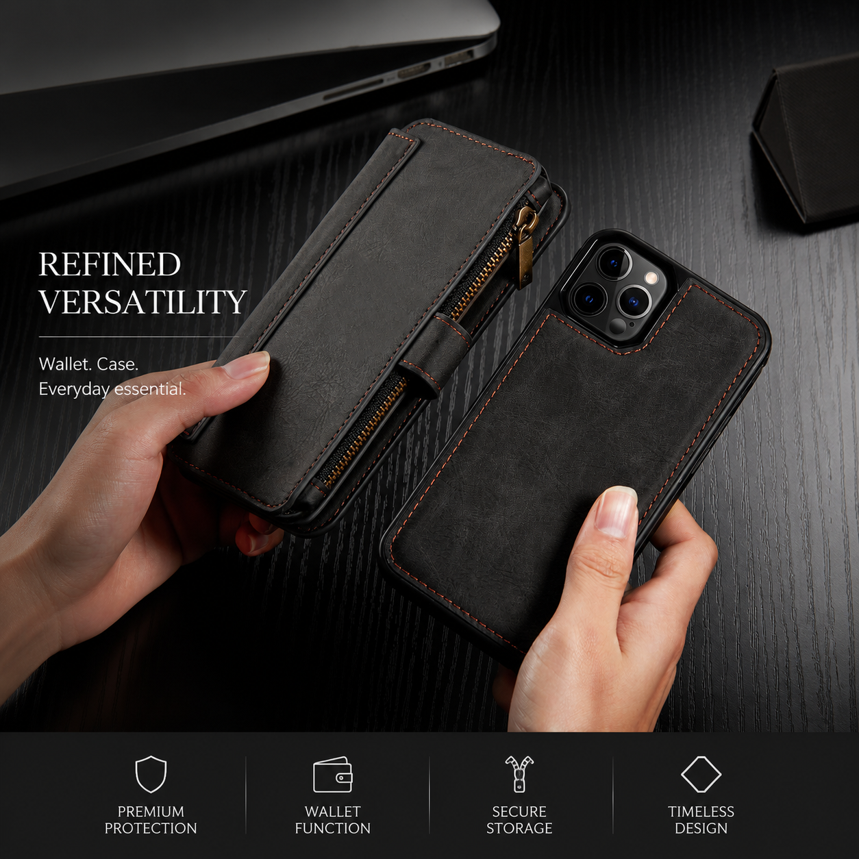 Premium iPhone Case MagSafe Compatible Detachable Leather Wallet Cover Flip Stand Card Holder Magnetic Shockproof Camera Lens Protection Slim Design
