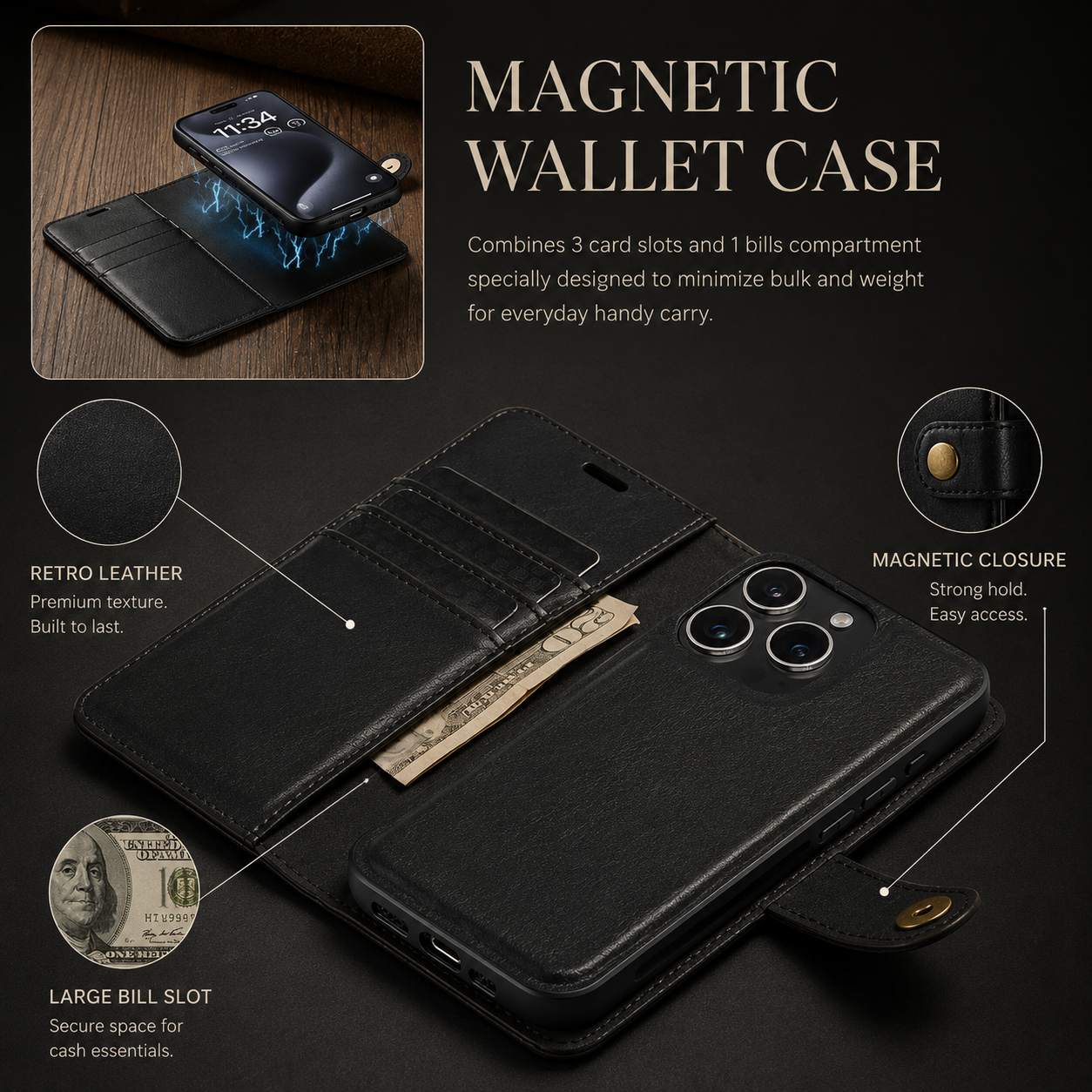 Premium iPhone Case MagSafe Compatible Detachable Leather Wallet Cover Magnetic Card Holder Shockproof Protective Camera Lens Protection Slim Design