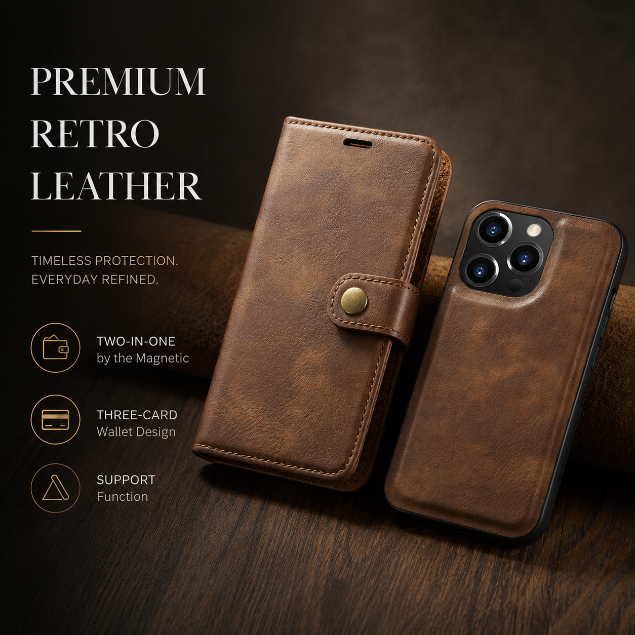 Premium iPhone Case MagSafe Compatible Detachable Leather Wallet Cover Magnetic Card Holder Shockproof Protective Camera Lens Protection Slim Design