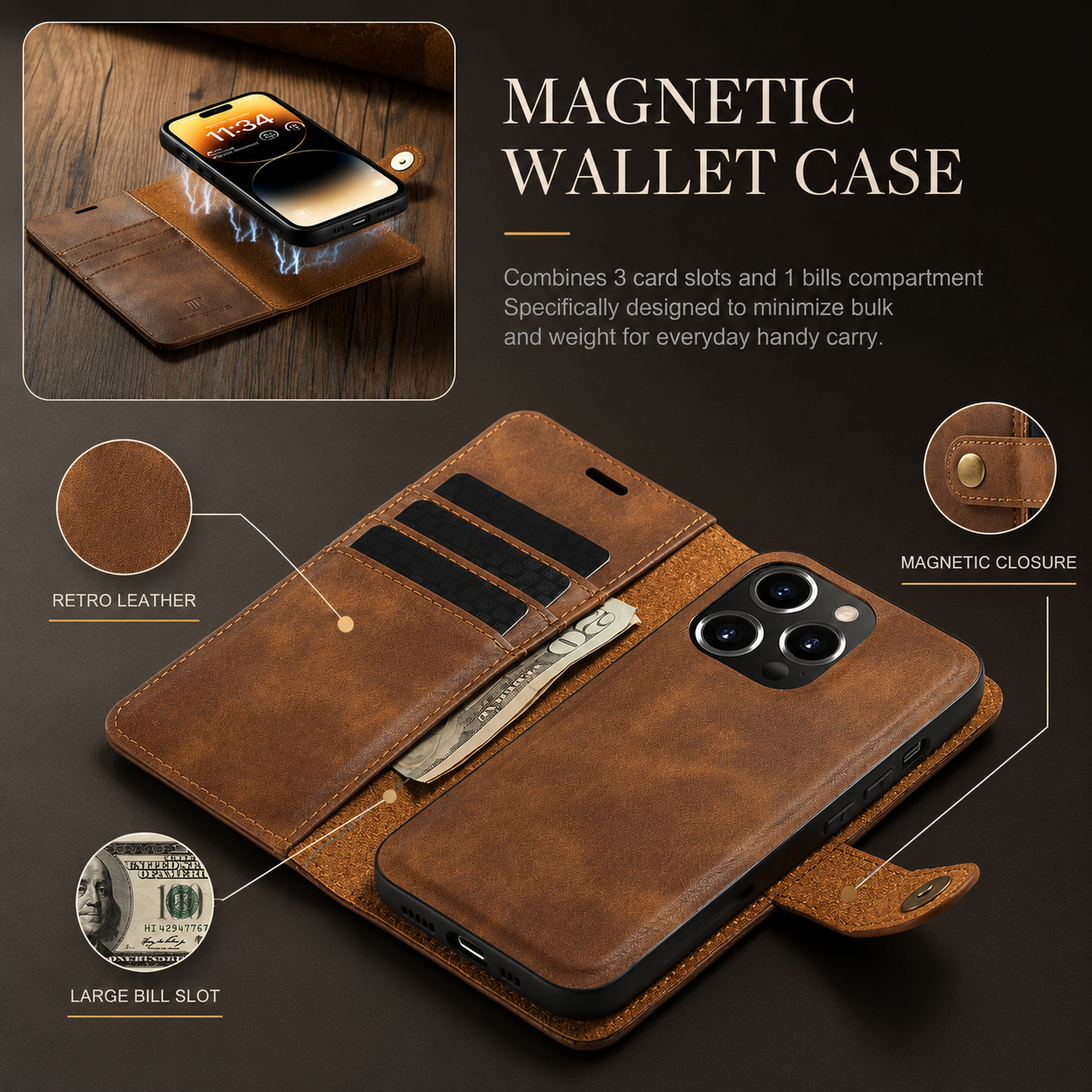 Premium iPhone Case MagSafe Compatible Detachable Leather Wallet Cover Magnetic Card Holder Shockproof Protective Camera Lens Protection Slim Design