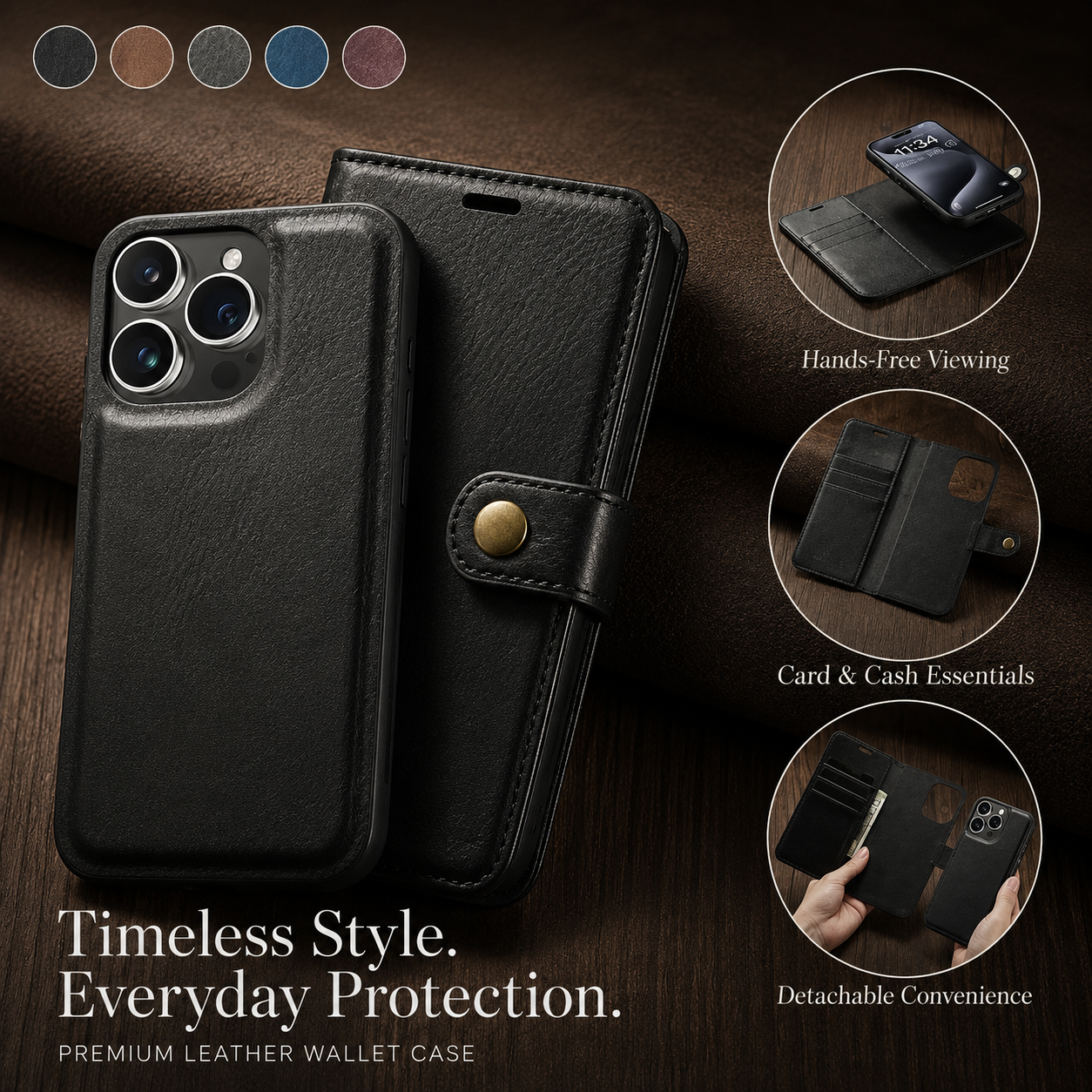 Premium iPhone Case MagSafe Compatible Detachable Leather Wallet Cover Magnetic Card Holder Shockproof Protective Camera Lens Protection Slim Design