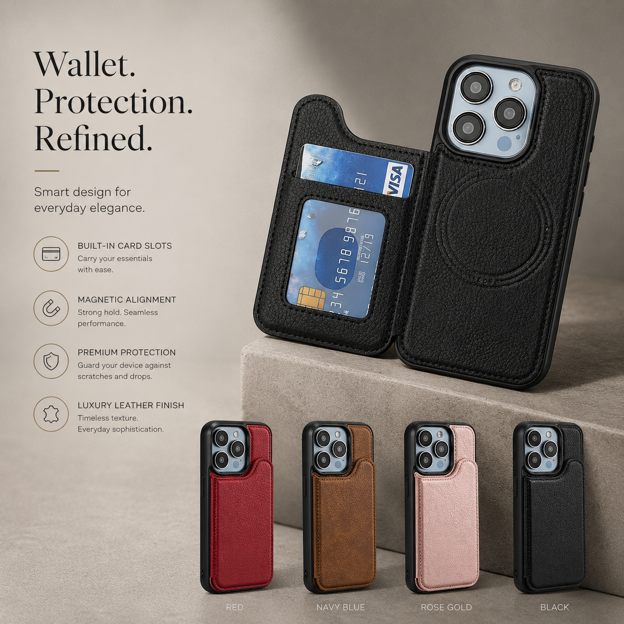 Premium iPhone Case MagSafe Compatible Flip Leather Wallet Protective Cover Card Holder Shockproof Magnetic Closure Anti Fingerprint Full Access Design