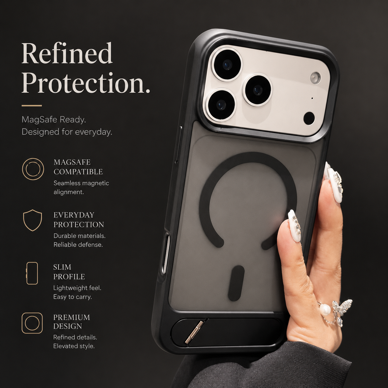 Premium iPhone Case MagSafe Compatible Foldable Stand Cover Shockproof PC Matte Anti Fingerprint Non Slip Camera Protection Half Wrapped Design