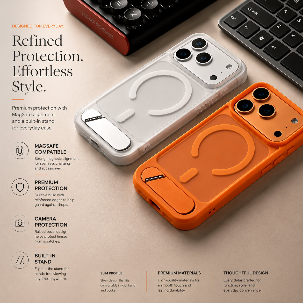 Premium iPhone Case MagSafe Compatible Foldable Stand Cover Shockproof PC Matte Anti Fingerprint Non Slip Camera Protection Half Wrapped Design
