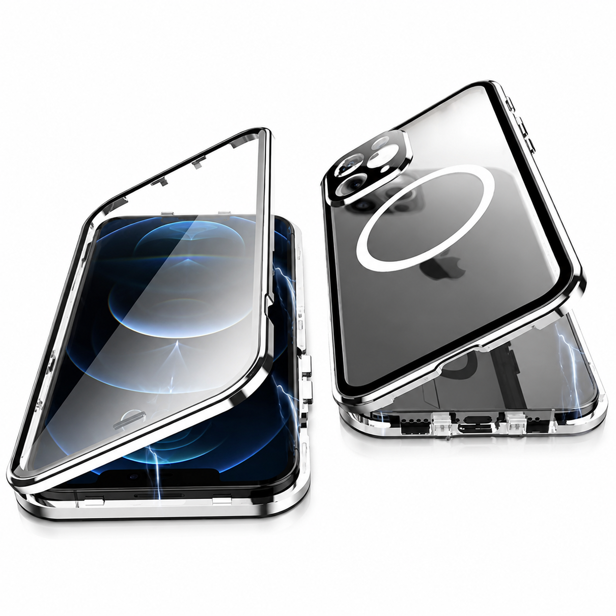 Premium iPhone Case MagSafe Compatible Full Body Aluminum Frame Tempered Glass Clear Cover Magnetic Shockproof Protective Camera Guard Slim Design