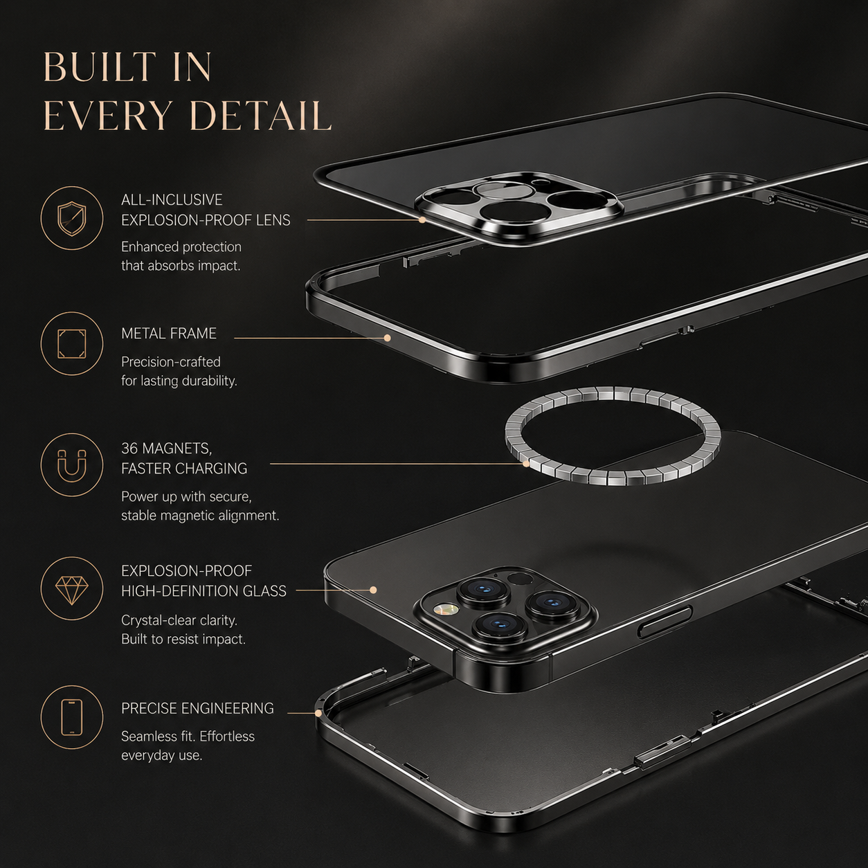 Premium iPhone Case MagSafe Compatible Full Body Aluminum Frame Tempered Glass Clear Cover Magnetic Shockproof Protective Camera Guard Slim Design