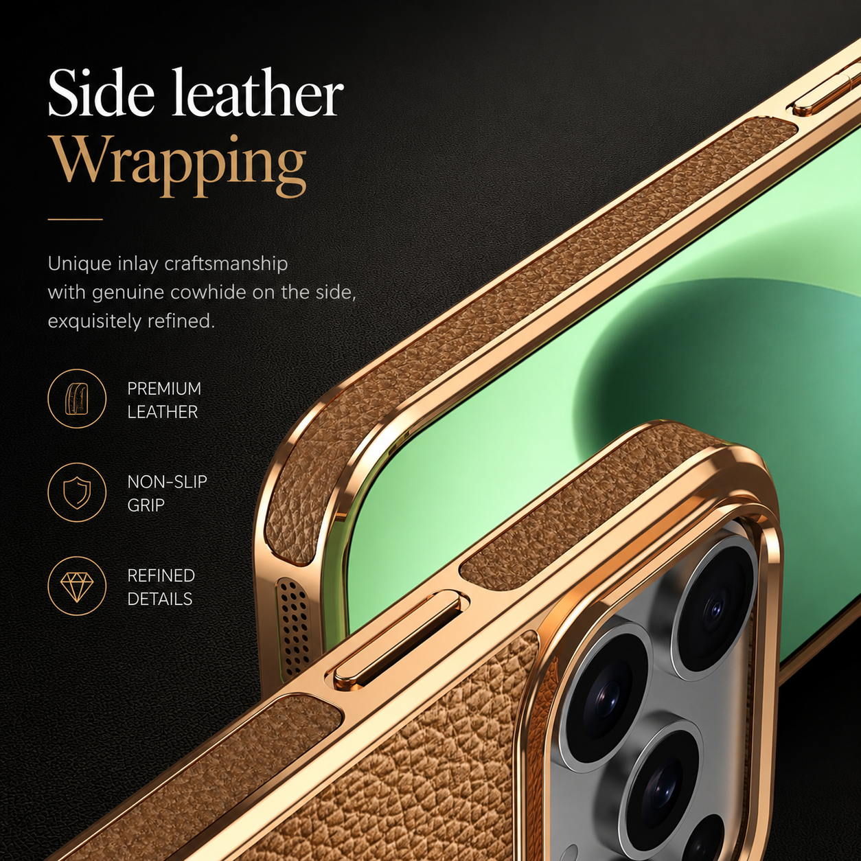 Premium iPhone Case MagSafe Compatible Genuine Cowhide Leather Protective Cover Lychee Texture Shockproof Anti Fingerprint Slim Full Coverage Design