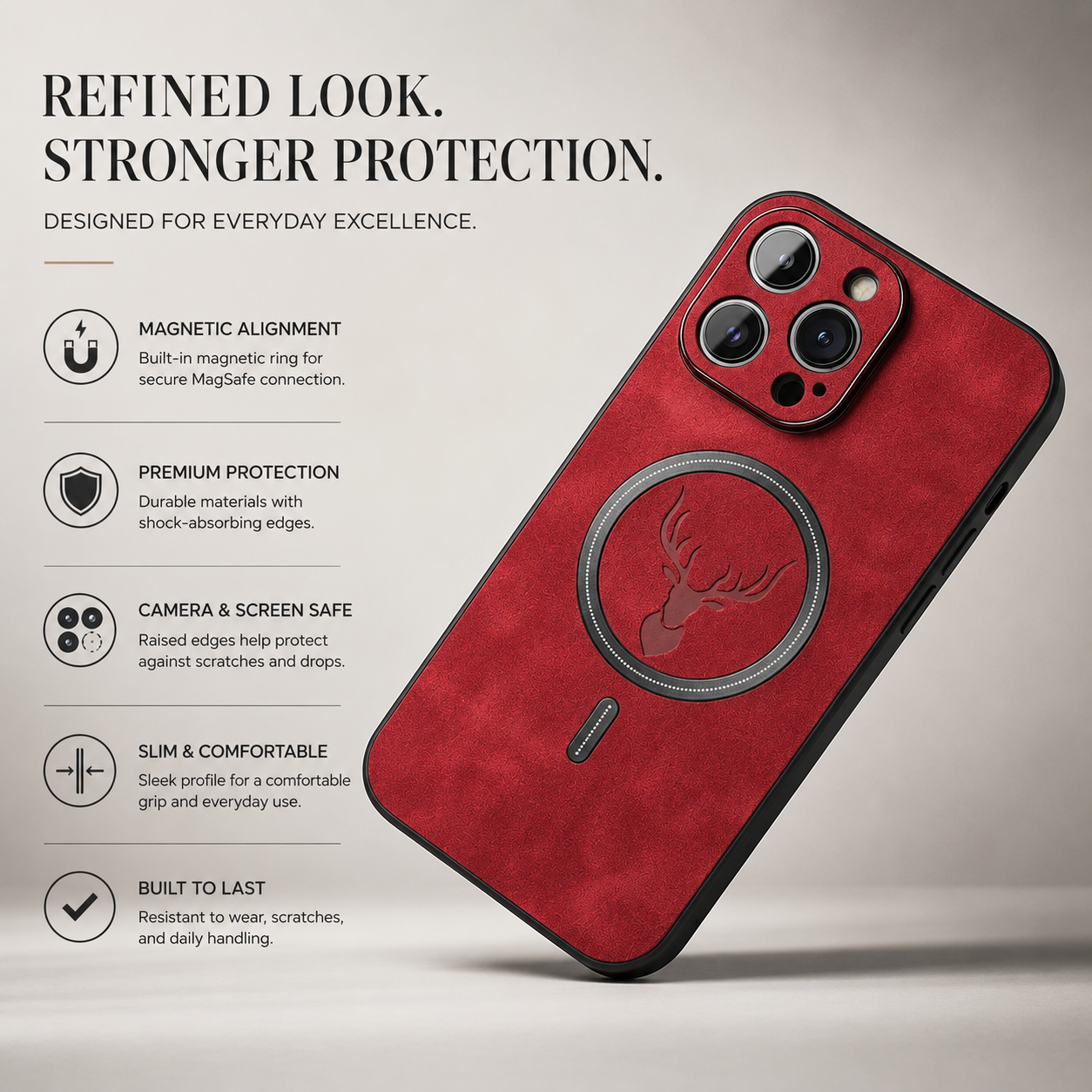Premium iPhone Case MagSafe Compatible Genuine Deer Leather Cover Bumper Frame Magnetic Shockproof Protective Camera Lens Guard Slim Design