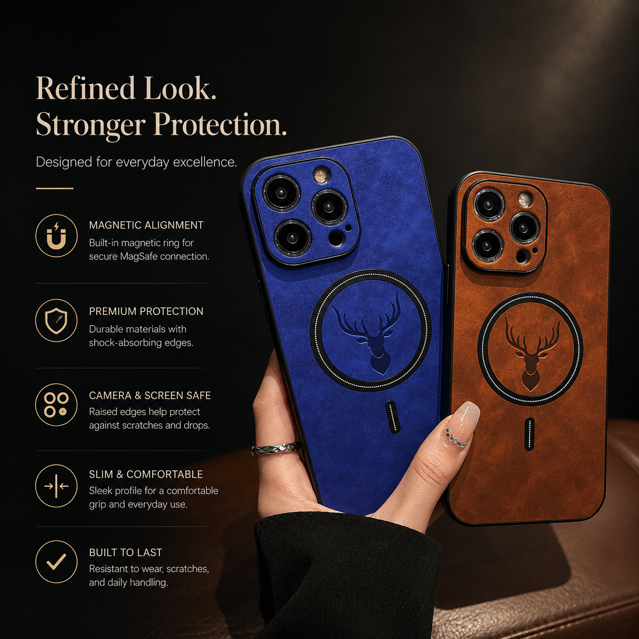 Premium iPhone Case MagSafe Compatible Genuine Deer Leather Cover Bumper Frame Magnetic Shockproof Protective Camera Lens Guard Slim Design