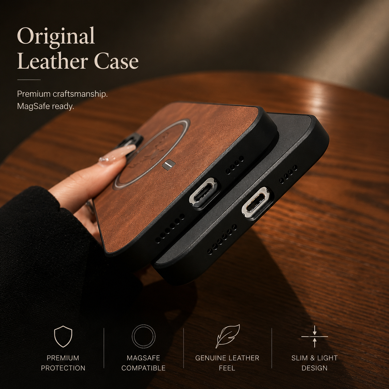 Premium iPhone Case MagSafe Compatible Genuine Deer Leather Cover Bumper Frame Magnetic Shockproof Protective Camera Lens Guard Slim Design