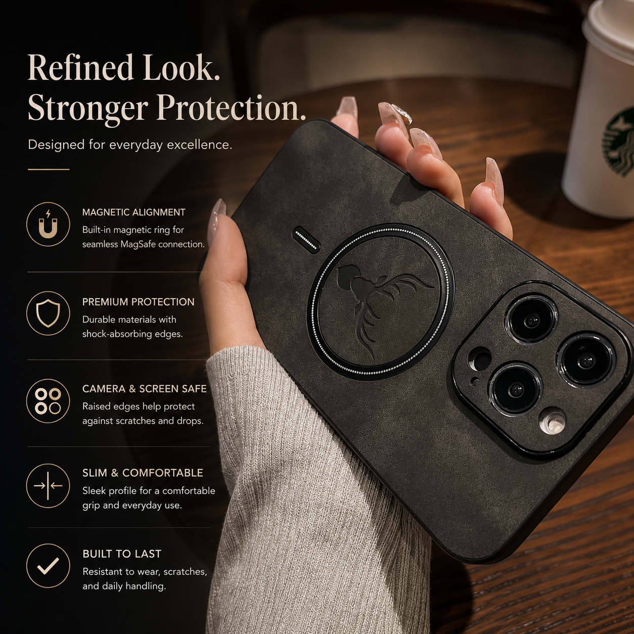 Premium iPhone Case MagSafe Compatible Genuine Deer Leather Cover Bumper Frame Magnetic Shockproof Protective Camera Lens Guard Slim Design