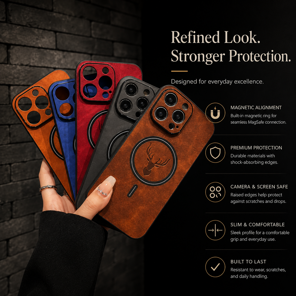 Premium iPhone Case MagSafe Compatible Genuine Deer Leather Cover Bumper Frame Magnetic Shockproof Protective Camera Lens Guard Slim Design
