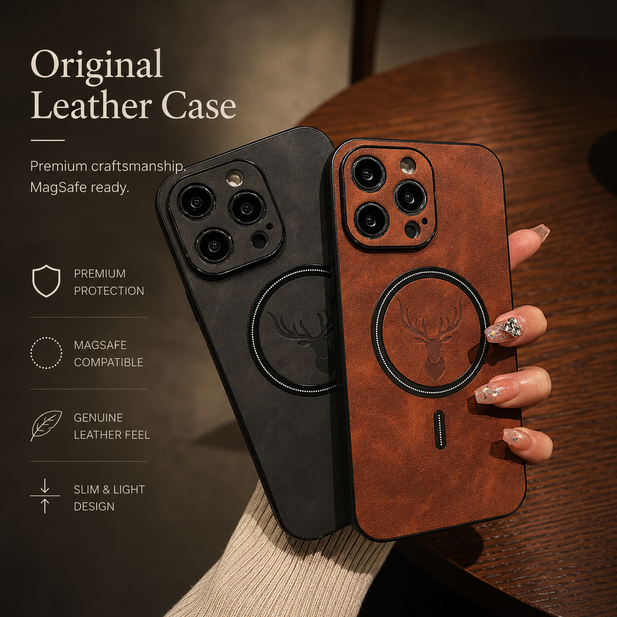 Premium iPhone Case MagSafe Compatible Genuine Deer Leather Cover Bumper Frame Magnetic Shockproof Protective Camera Lens Guard Slim Design