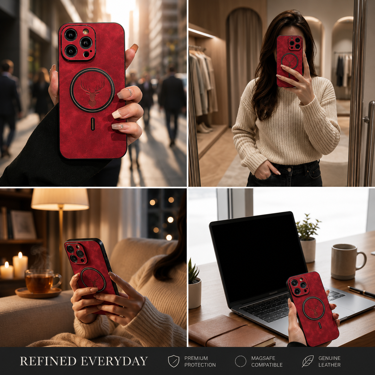 Premium iPhone Case MagSafe Compatible Genuine Deer Leather Cover Bumper Frame Magnetic Shockproof Protective Camera Lens Guard Slim Design