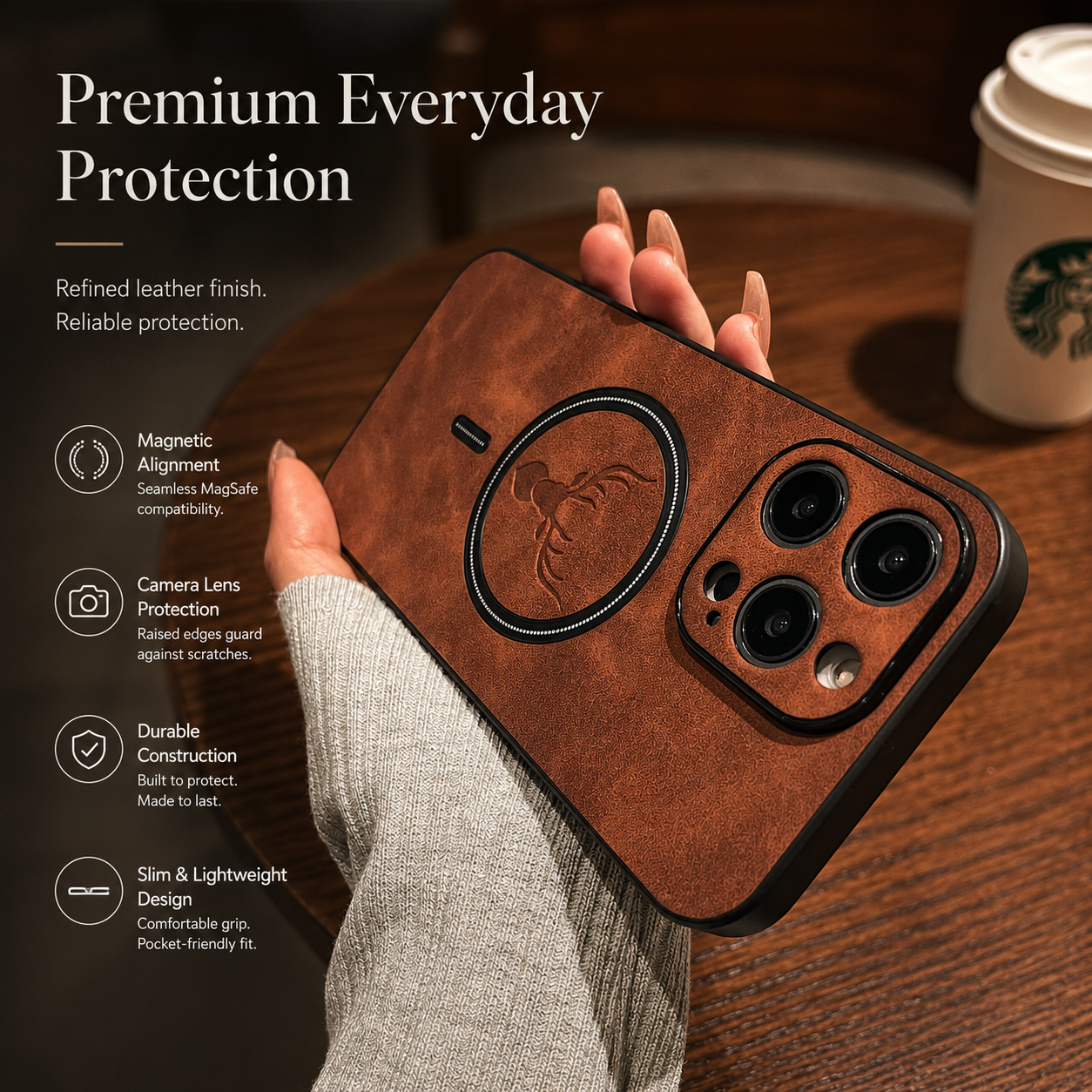 Premium iPhone Case MagSafe Compatible Genuine Deer Leather Cover Bumper Frame Magnetic Shockproof Protective Camera Lens Guard Slim Design