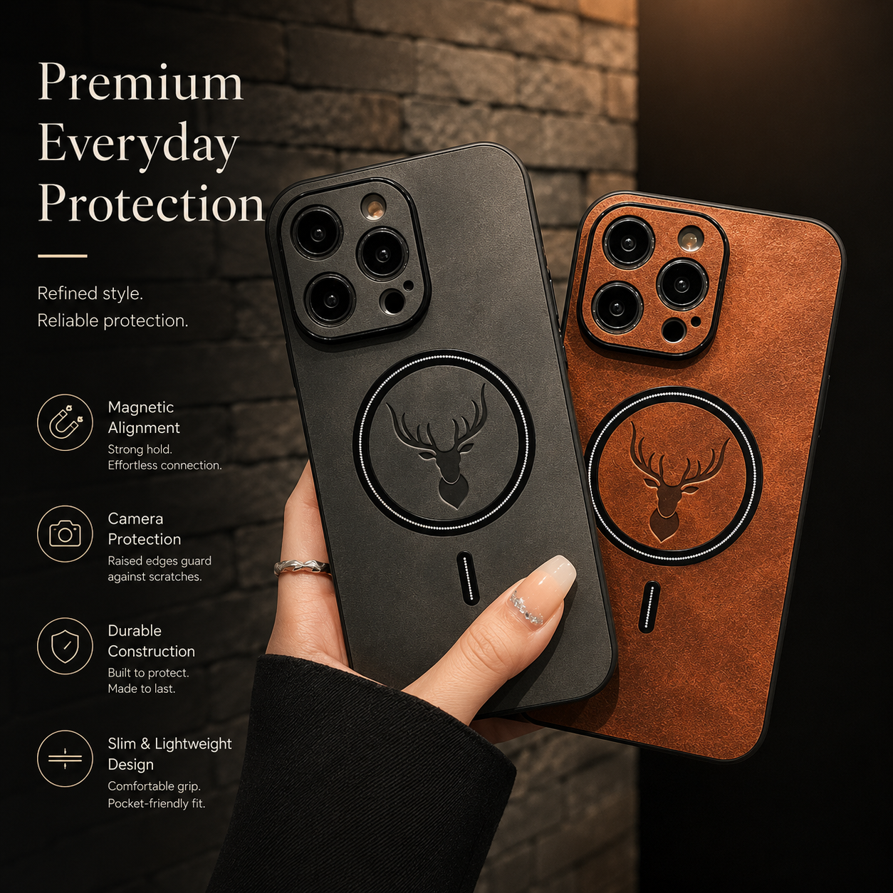 Premium iPhone Case MagSafe Compatible Genuine Deer Leather Cover Bumper Frame Magnetic Shockproof Protective Camera Lens Guard Slim Design