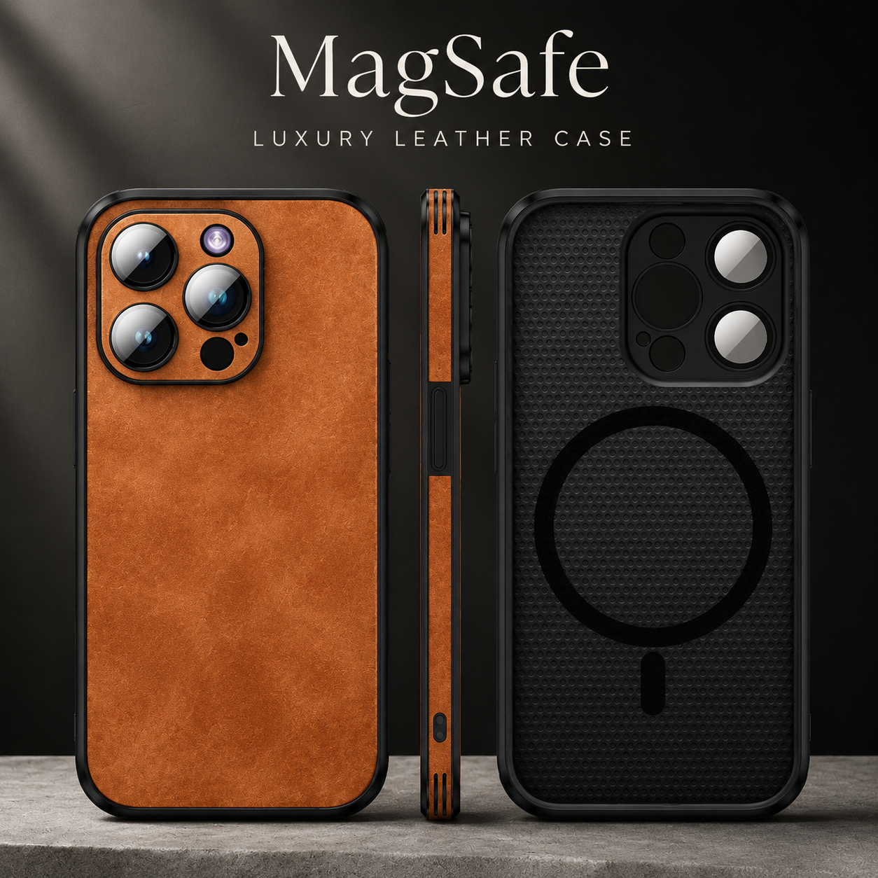 Premium iPhone Case MagSafe Compatible Genuine Leather Cover Magnetic Protective Camera Lens Guard Shock Absorbing Slim Full Coverage Design