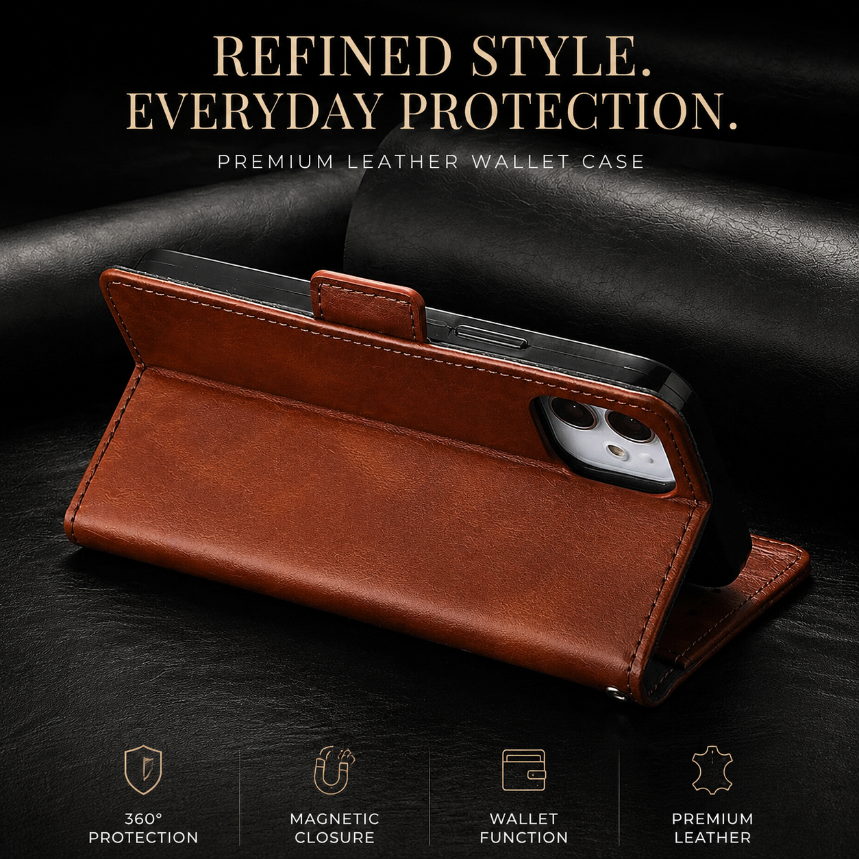 Premium iPhone Case MagSafe Compatible Genuine Leather Flip Wallet Cover Card Holder Magnetic Closure Shockproof Camera Lens Protection Slim Design