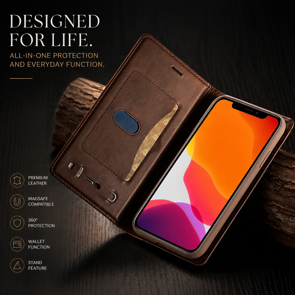 Premium iPhone Case MagSafe Compatible Genuine Leather Flip Wallet Cover Card Holder Magnetic Closure Shockproof Camera Lens Protection Slim Design