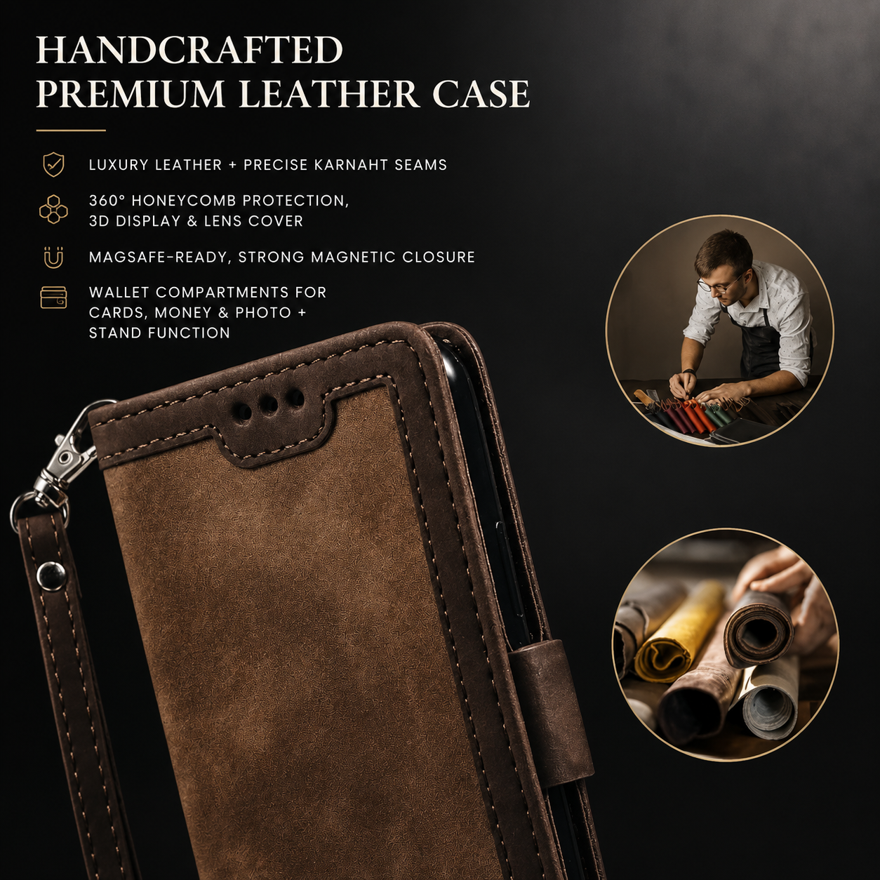 Premium iPhone Case MagSafe Compatible Genuine Leather Flip Wallet Cover Card Holder Magnetic Closure Shockproof Camera Lens Protection Slim Design