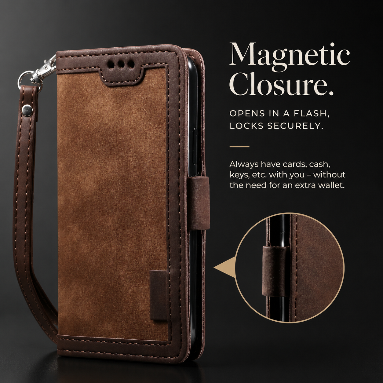 Premium iPhone Case MagSafe Compatible Genuine Leather Flip Wallet Cover Card Holder Magnetic Closure Shockproof Camera Lens Protection Slim Design