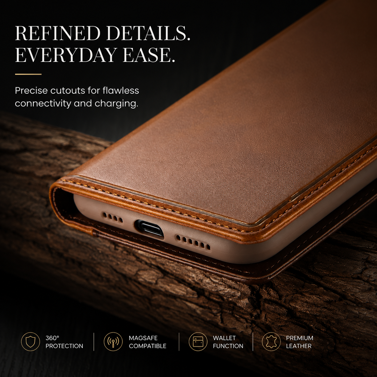 Premium iPhone Case MagSafe Compatible Genuine Leather Flip Wallet Cover Card Holder Magnetic Closure Shockproof Camera Lens Protection Slim Design
