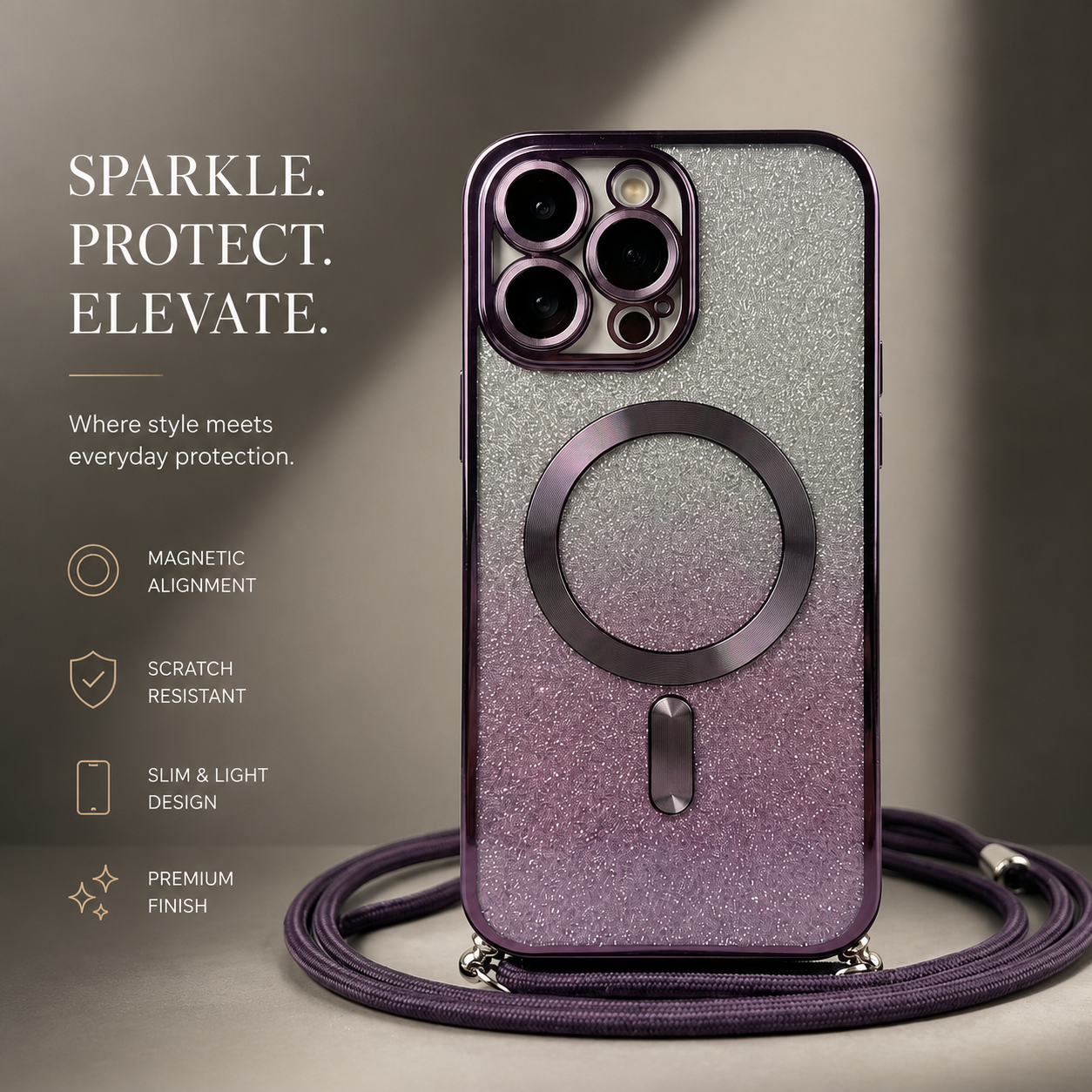 Premium iPhone Case MagSafe Compatible Gradient Glitter Crossbody Strap Magnetic Cover TPU Shockproof Protective Camera Lens Guard Slim Design