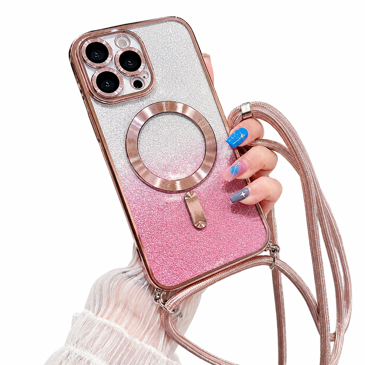 Premium iPhone Case MagSafe Compatible Gradient Glitter Crossbody Strap Magnetic Cover TPU Shockproof Protective Camera Lens Guard Slim Design