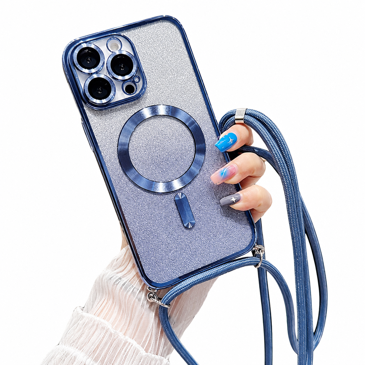 Premium iPhone Case MagSafe Compatible Gradient Glitter Crossbody Strap Magnetic Cover TPU Shockproof Protective Camera Lens Guard Slim Design
