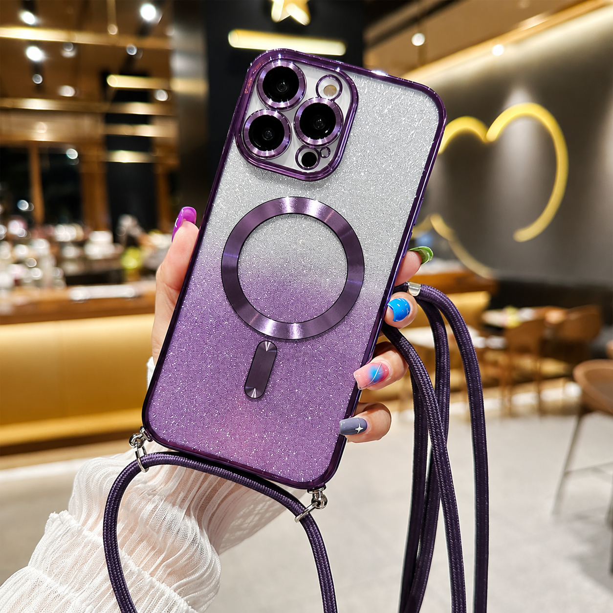 Premium iPhone Case MagSafe Compatible Gradient Glitter Crossbody Strap Magnetic Cover TPU Shockproof Protective Camera Lens Guard Slim Design
