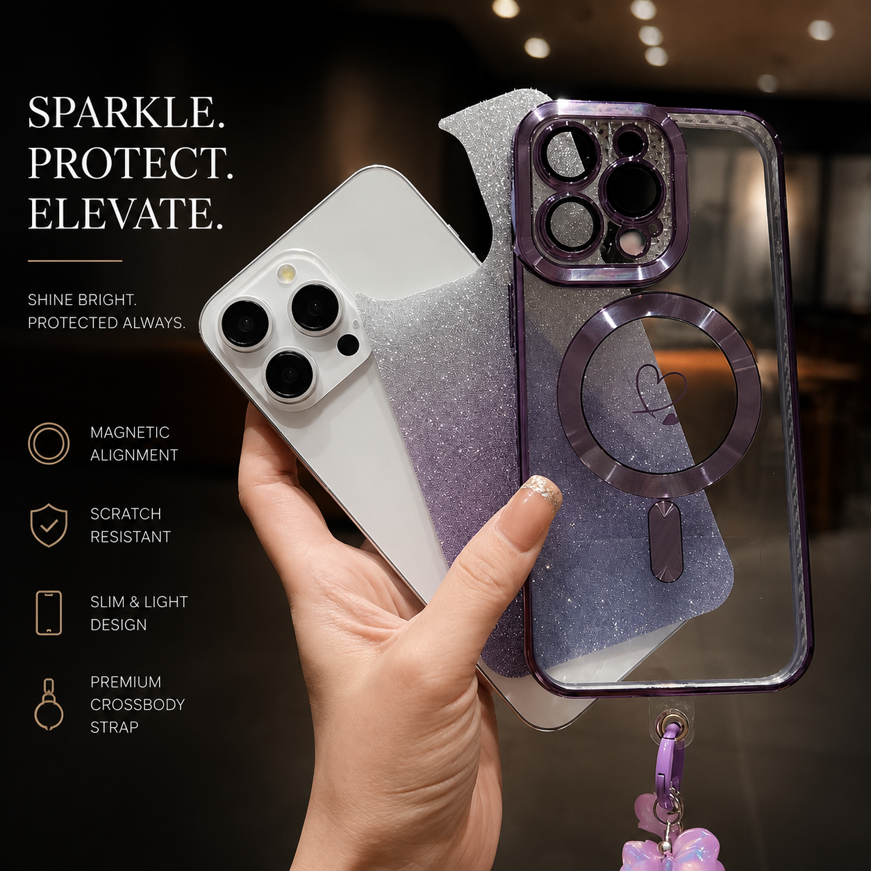 Premium iPhone Case MagSafe Compatible Gradient Glitter Crossbody Strap Magnetic Cover TPU Shockproof Protective Camera Lens Guard Slim Design