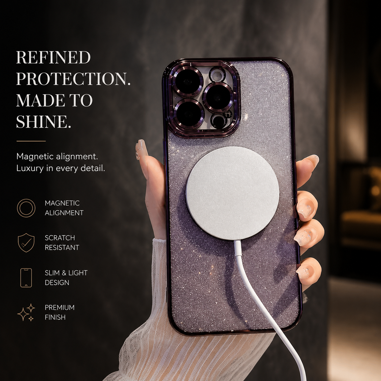 Premium iPhone Case MagSafe Compatible Gradient Glitter Crossbody Strap Magnetic Cover TPU Shockproof Protective Camera Lens Guard Slim Design