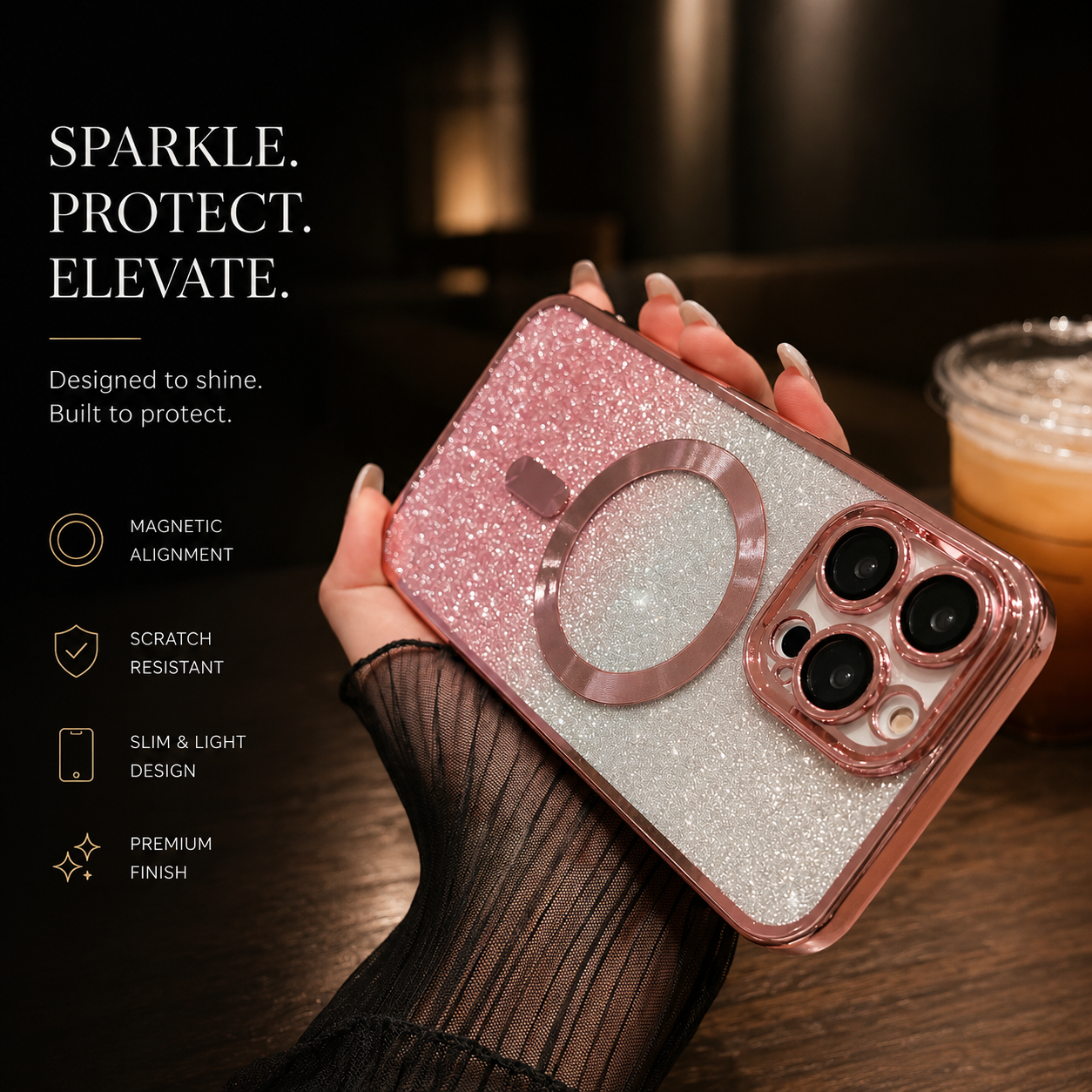 Premium iPhone Case MagSafe Compatible Gradient Glitter Crossbody Strap Magnetic Cover TPU Shockproof Protective Camera Lens Guard Slim Design
