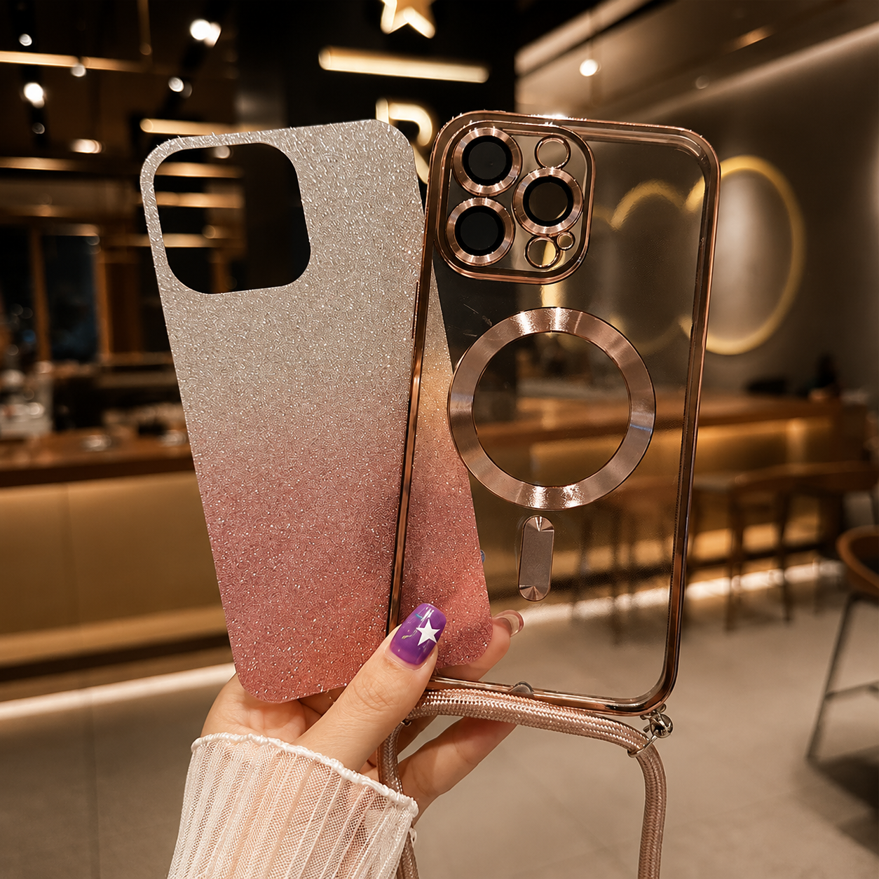 Premium iPhone Case MagSafe Compatible Gradient Glitter Crossbody Strap Magnetic Cover TPU Shockproof Protective Camera Lens Guard Slim Design