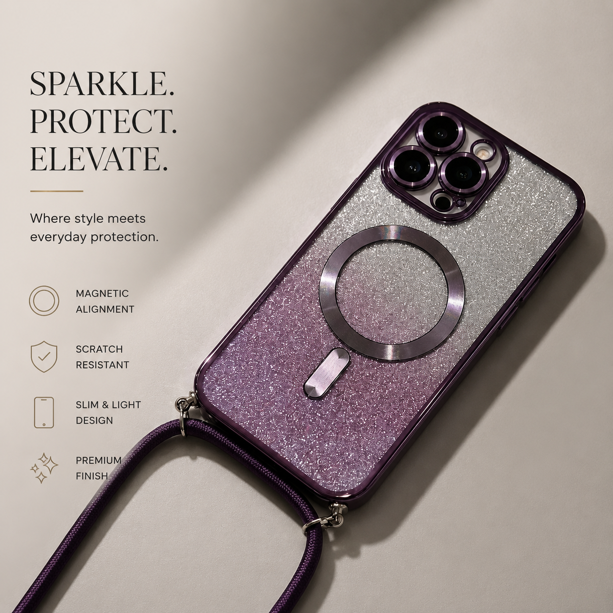 Premium iPhone Case MagSafe Compatible Gradient Glitter Crossbody Strap Magnetic Cover TPU Shockproof Protective Camera Lens Guard Slim Design