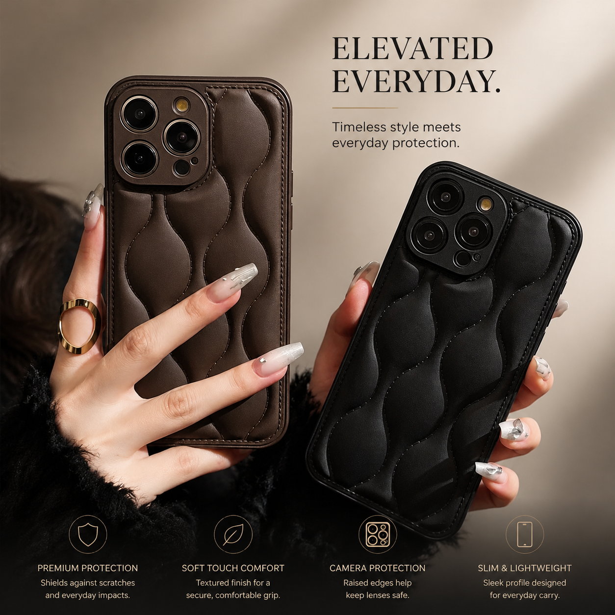 Premium iPhone Case MagSafe Compatible Leather 3D Wave Texture Silicone Bumper Shockproof Protective Cover Camera Lens Protection Slim Design