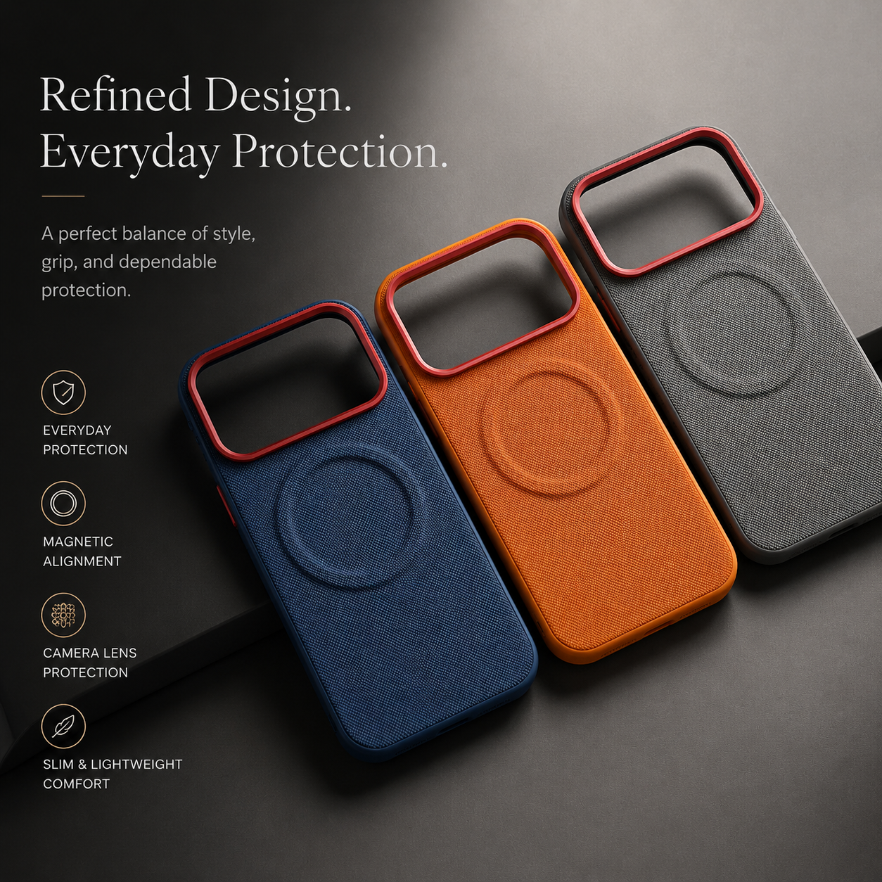 Premium iPhone Case MagSafe Compatible Leather Cover Shockproof PC TPU Hybrid Diamond Texture Camera Protection Non Slip Slim Full Coverage Design