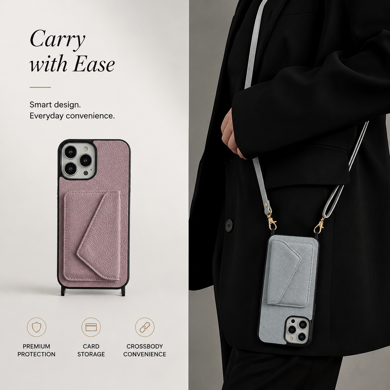 Premium iPhone Case MagSafe Compatible Leather Crossbody Wallet Cover Card Holder Strap Magnetic Shockproof Protective Camera Lens Guard Slim Design