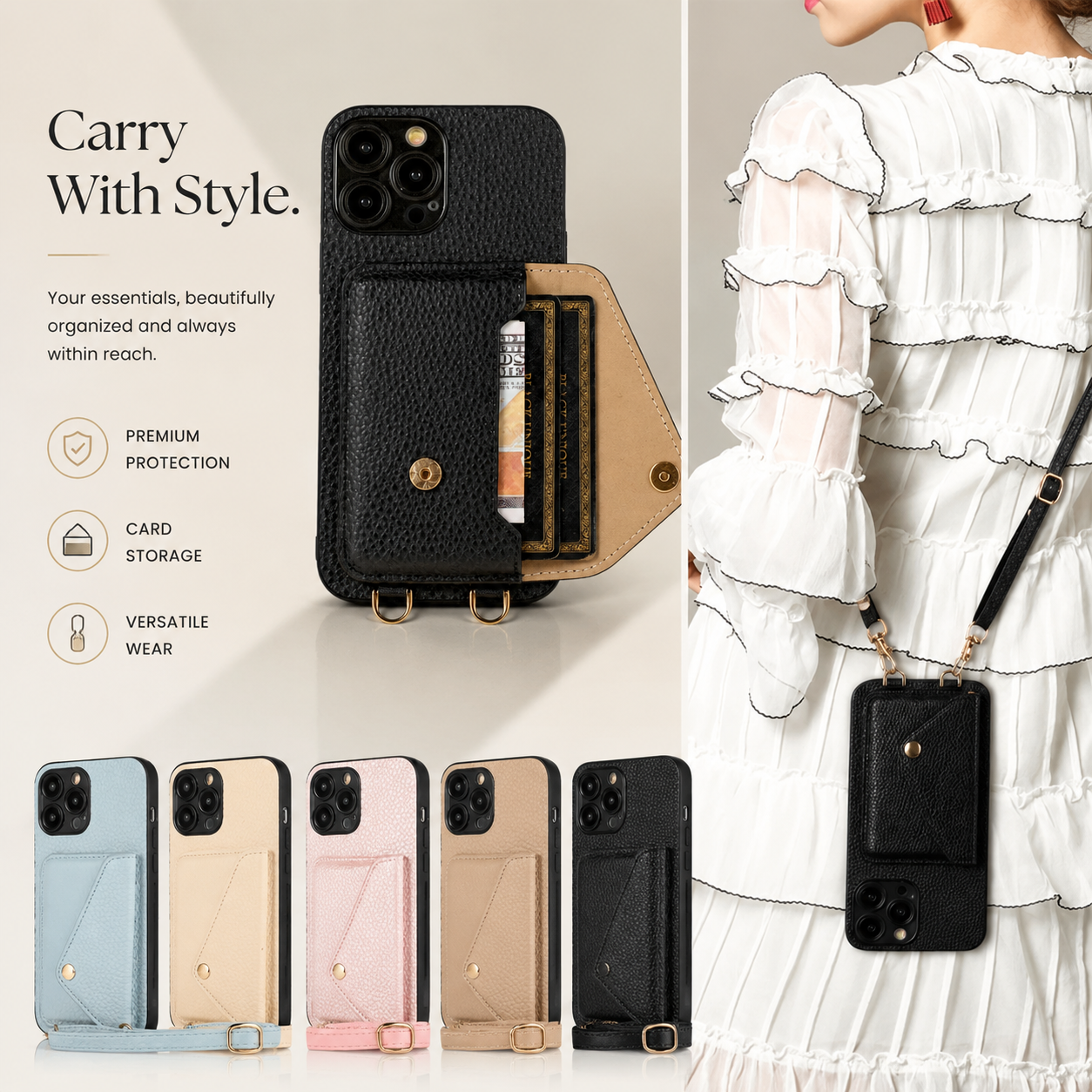 Premium iPhone Case MagSafe Compatible Leather Crossbody Wallet Cover Card Holder Strap Magnetic Shockproof Protective Camera Lens Guard Slim Design