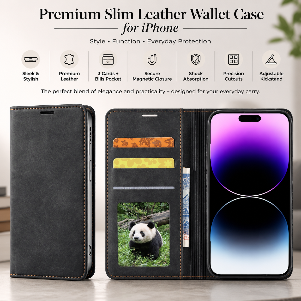 Premium iPhone Case MagSafe Compatible Leather Flip Wallet Cover Card Holder Magnetic Stand Shockproof Protective Camera Lens Guard Slim Design