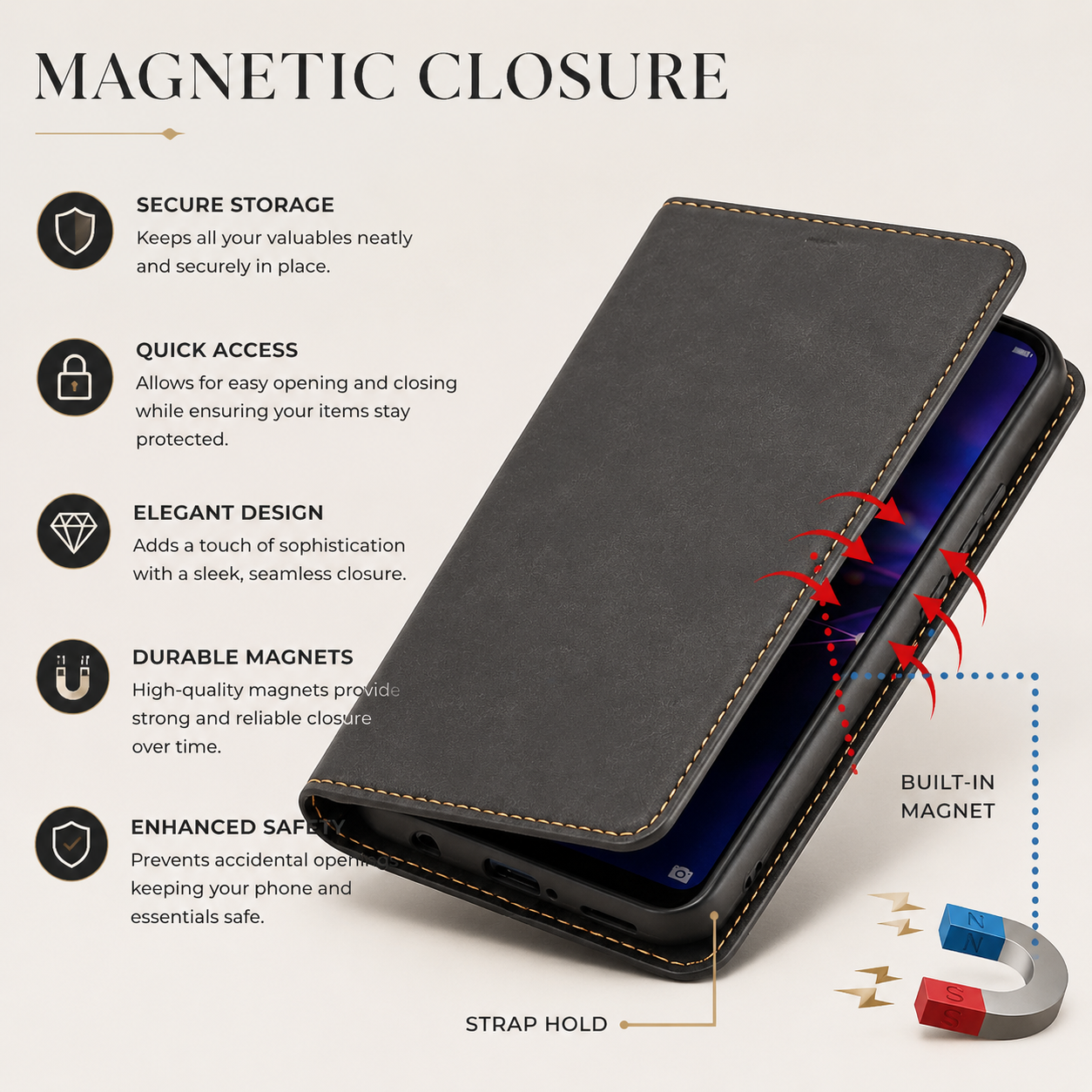 Premium iPhone Case MagSafe Compatible Leather Flip Wallet Cover Card Holder Magnetic Stand Shockproof Protective Camera Lens Guard Slim Design