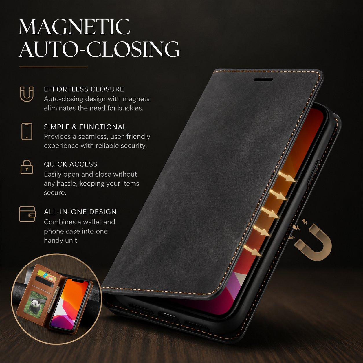 Premium iPhone Case MagSafe Compatible Leather Flip Wallet Cover Card Holder Magnetic Stand Shockproof Protective Camera Lens Guard Slim Design
