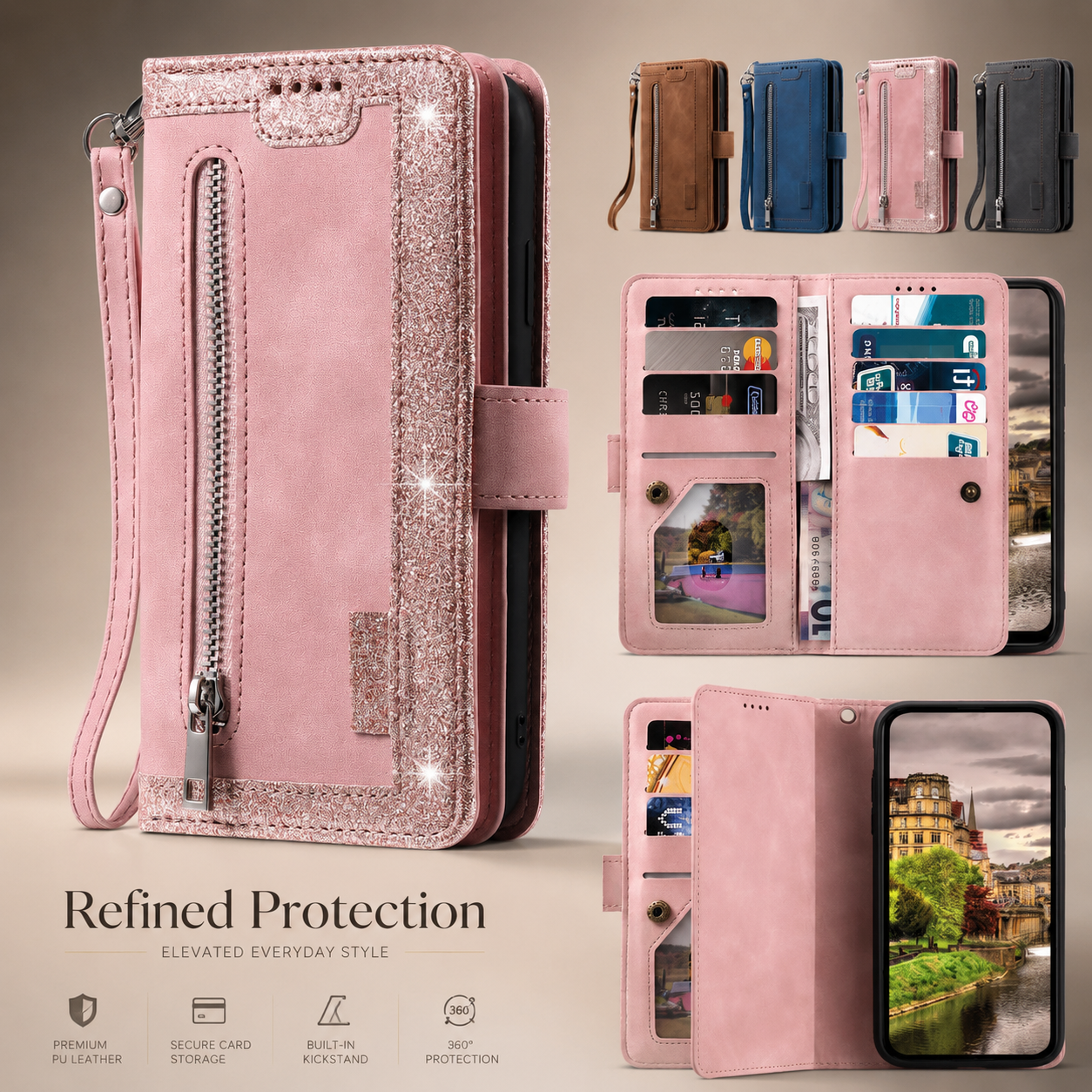 Premium iPhone Case MagSafe Compatible Leather Flip Wallet Cover Zipper Card Holder Strap Stand Magnetic Shockproof Camera Lens Protection Slim Design