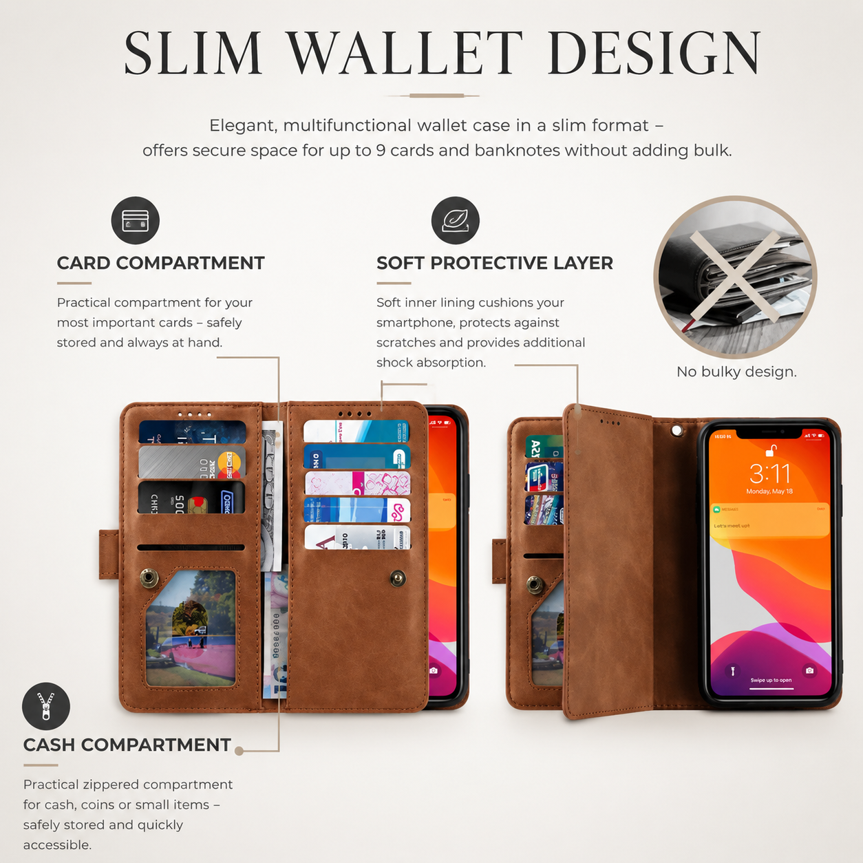 Premium iPhone Case MagSafe Compatible Leather Flip Wallet Cover Zipper Card Holder Strap Stand Magnetic Shockproof Camera Lens Protection Slim Design
