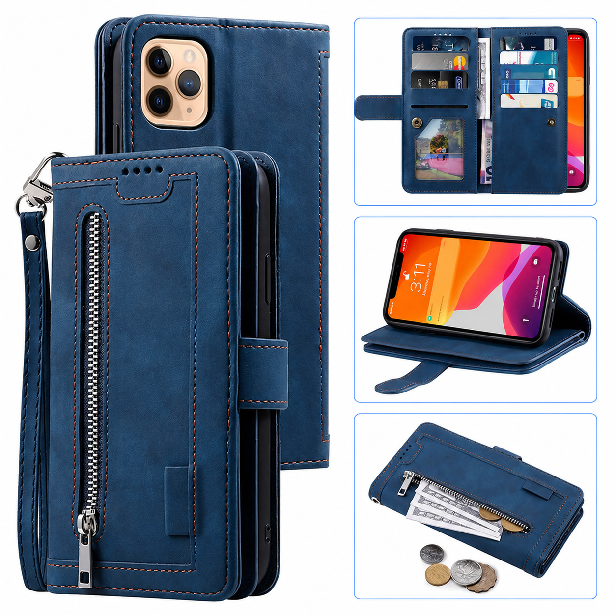 Premium iPhone Case MagSafe Compatible Leather Flip Wallet Cover Zipper Card Holder Strap Stand Magnetic Shockproof Camera Lens Protection Slim Design