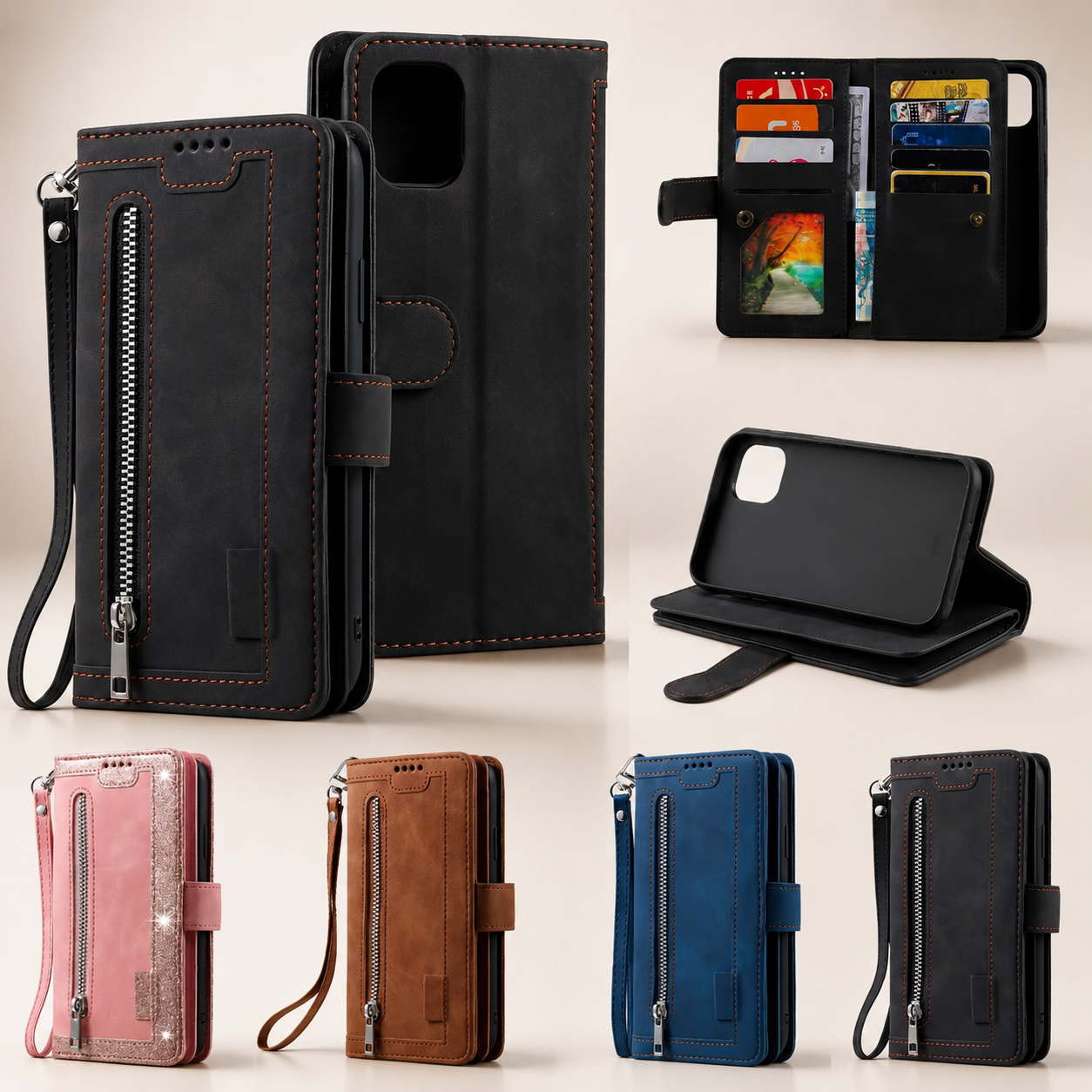 Premium iPhone Case MagSafe Compatible Leather Flip Wallet Cover Zipper Card Holder Strap Stand Magnetic Shockproof Camera Lens Protection Slim Design