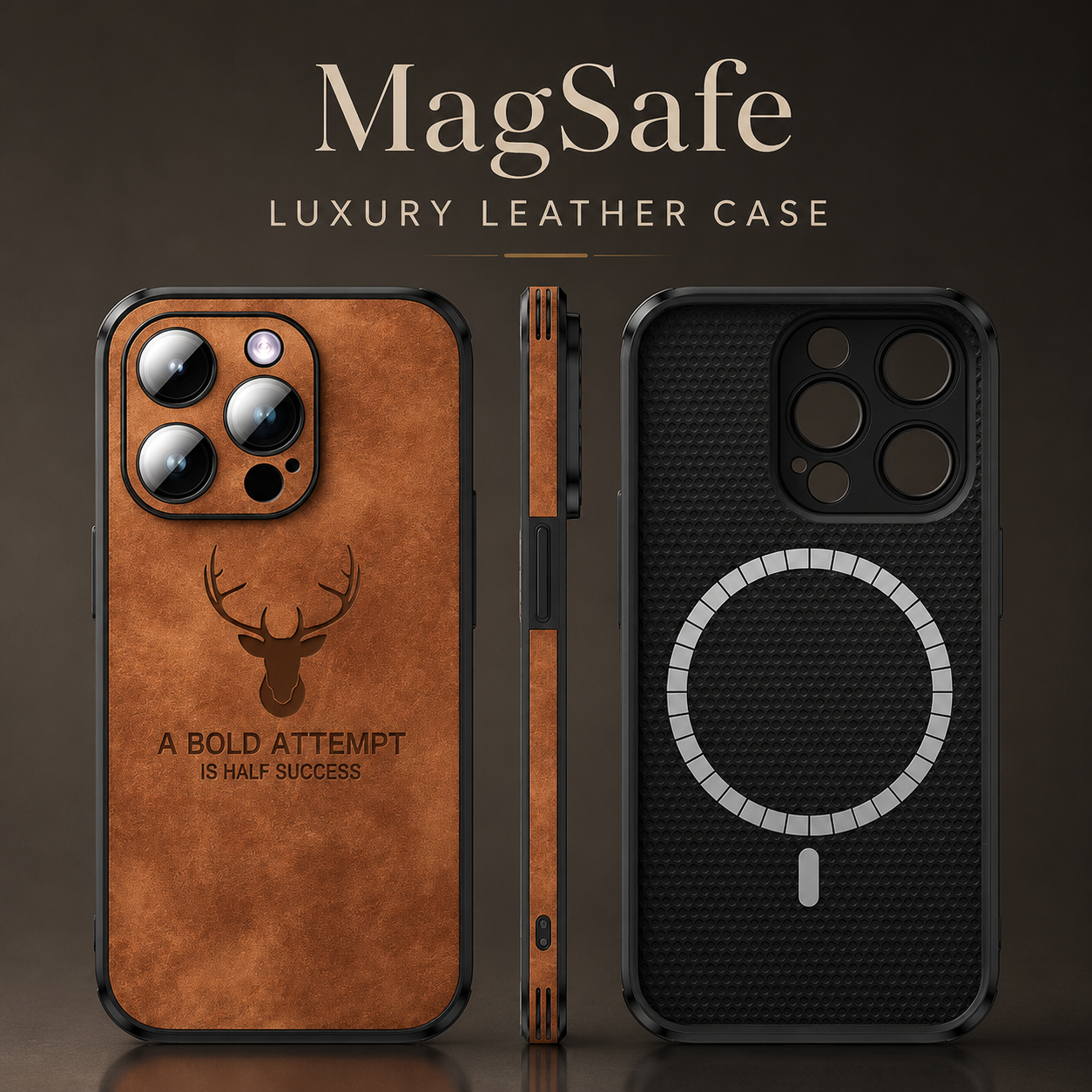 Premium iPhone Case MagSafe Compatible Leather Texture Silicone Bumper Cover Magnetic Shockproof Protective Camera Lens Guard Slim Full Coverage Design