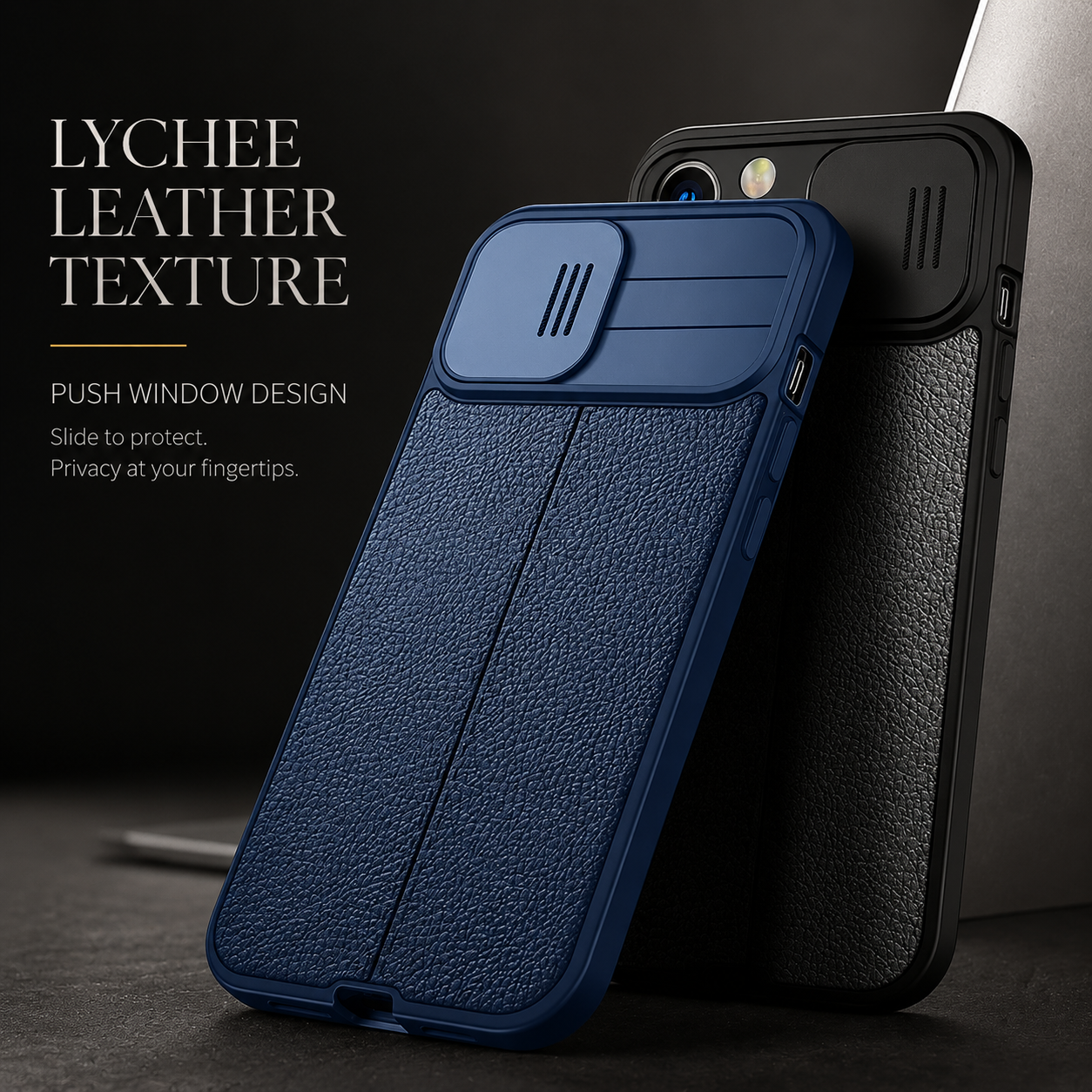 Premium iPhone Case MagSafe Compatible Leather Texture Sliding Camera Cover Magnetic Cover Shockproof Protective Lens Guard Slim Design